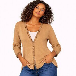 Women’s Tan Cardigan Sweater | Polka Dot Trim Button Front Knit Top